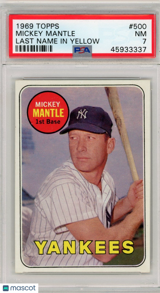 1969 Topps Mickey Mantle #500 Last Name In Yellow PSA 7