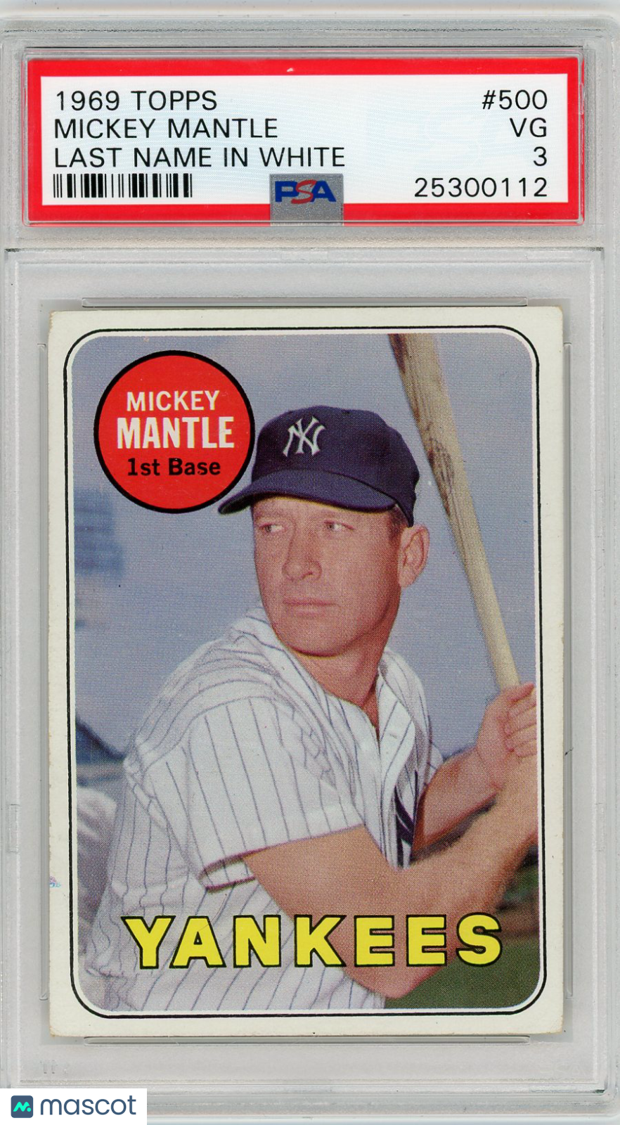 1969 Topps Mickey Mantle #500 Last Name In White PSA 3