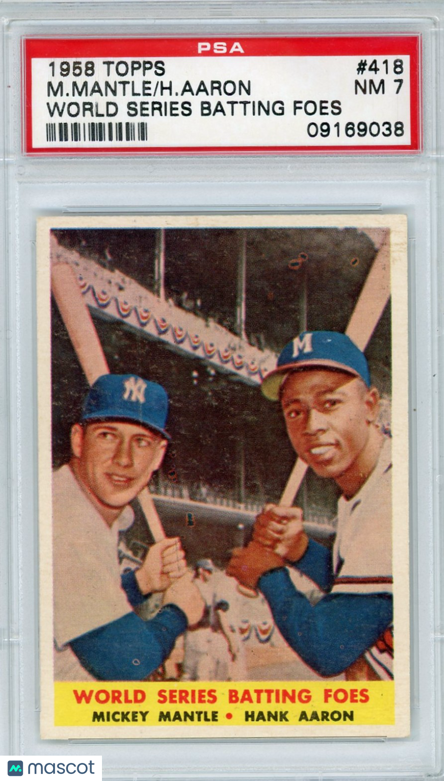 1958 Topps H. Aaron M. Mantle #418 W. S. Batting Foes PSA 7