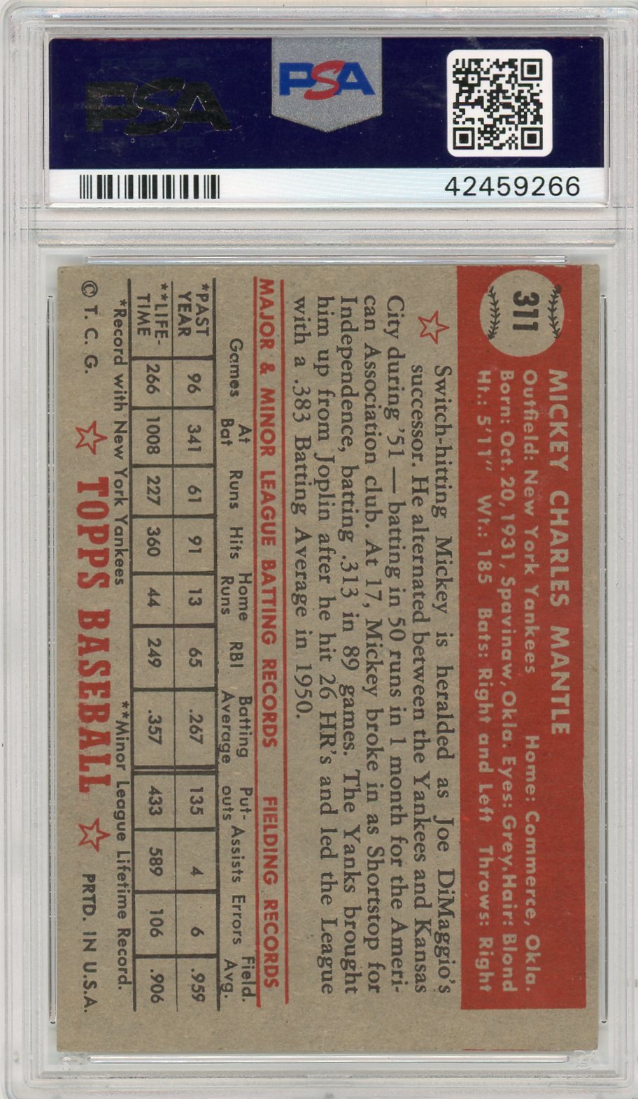1952 Topps Mickey Mantle #311 PSA 5