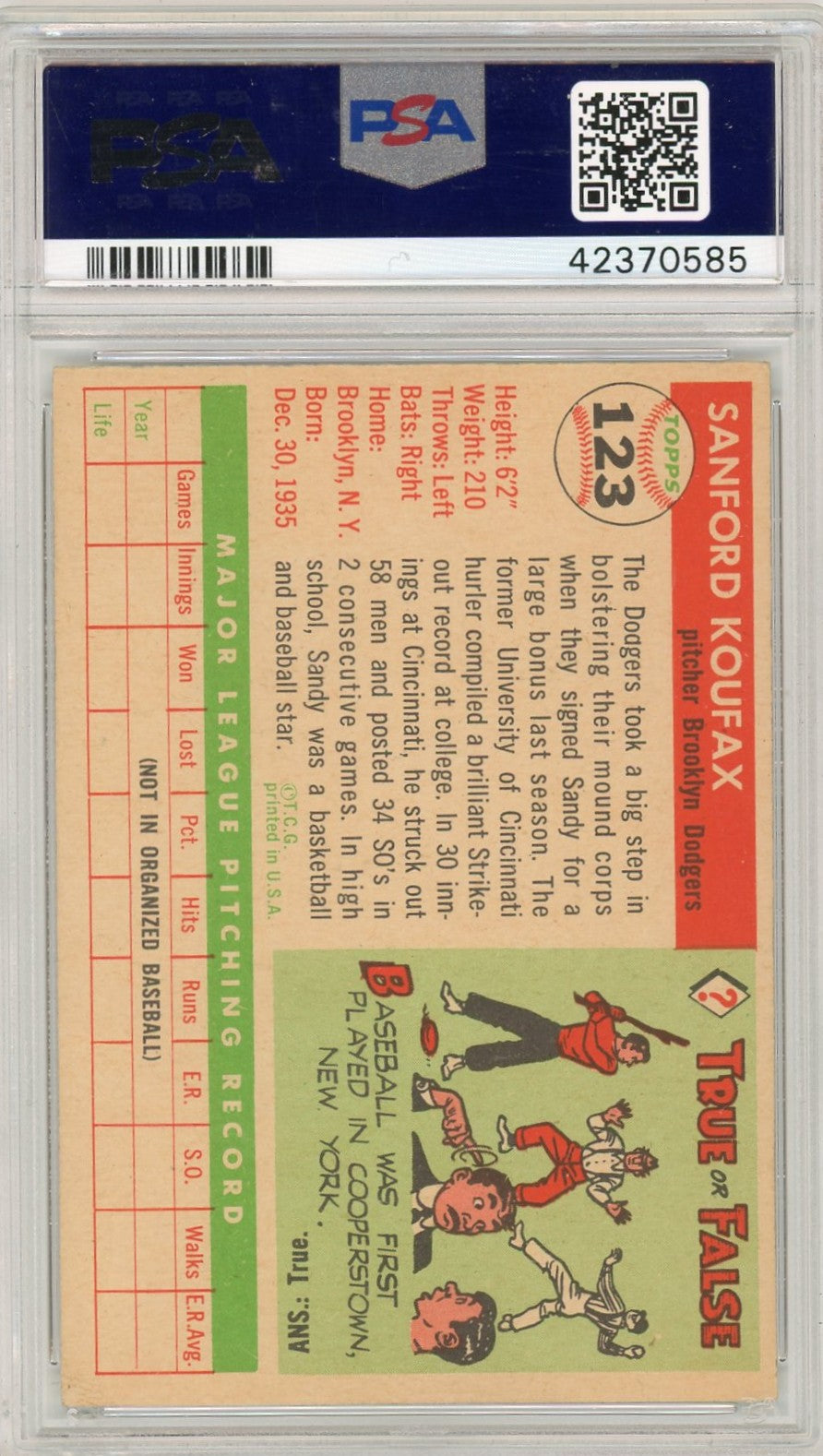 1955 Topps Sandy Koufax #123 PSA 6
