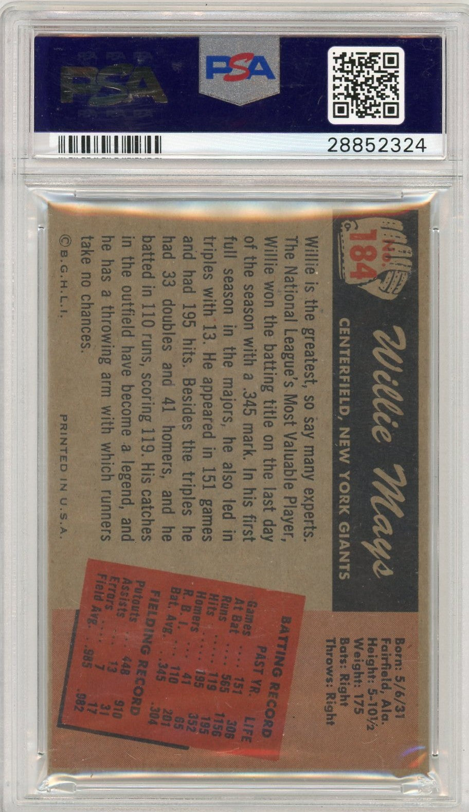 1955 Bowman Willie Mays #184 PSA 5.5