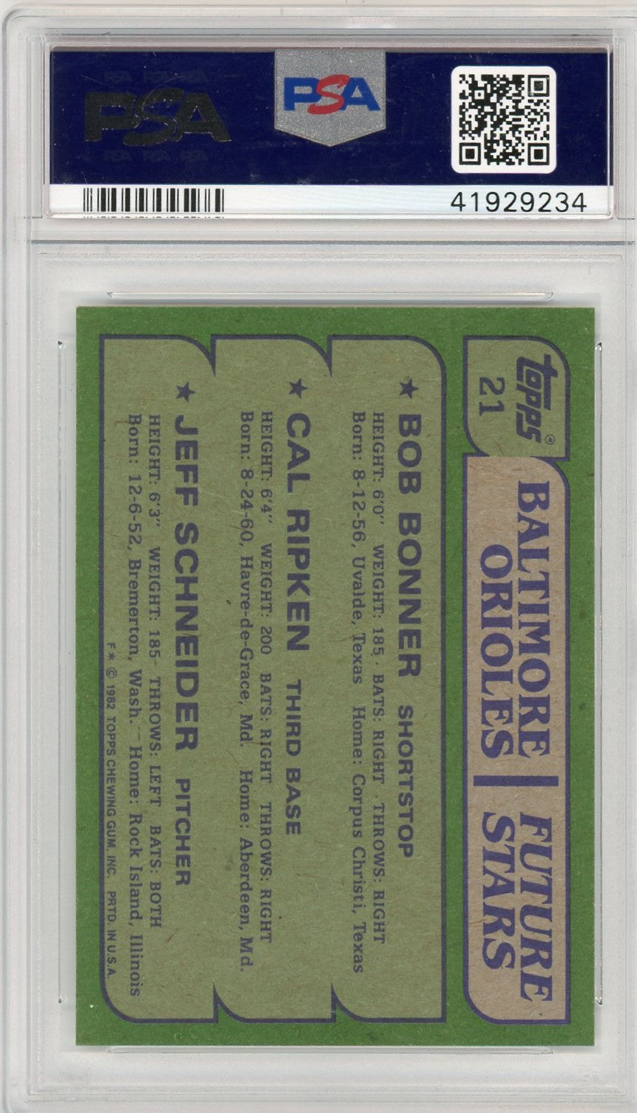 1982 Topps Orioles Future Stars #21 Bonner Ripken Schneider PSA 10
