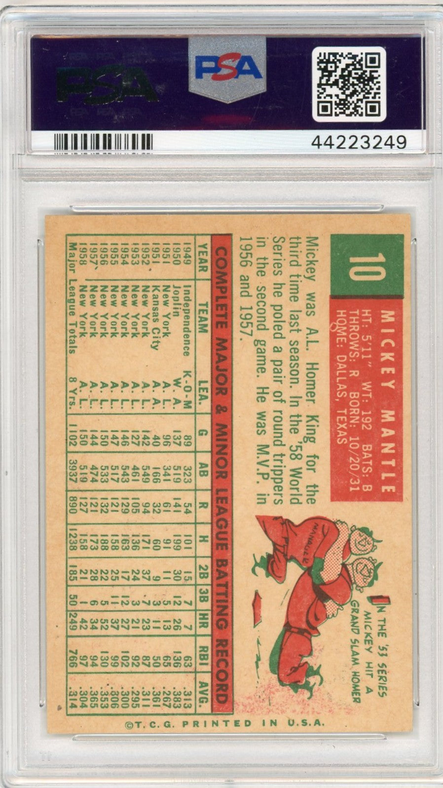 1959 Topps Mickey Mantle #10 PSA 6