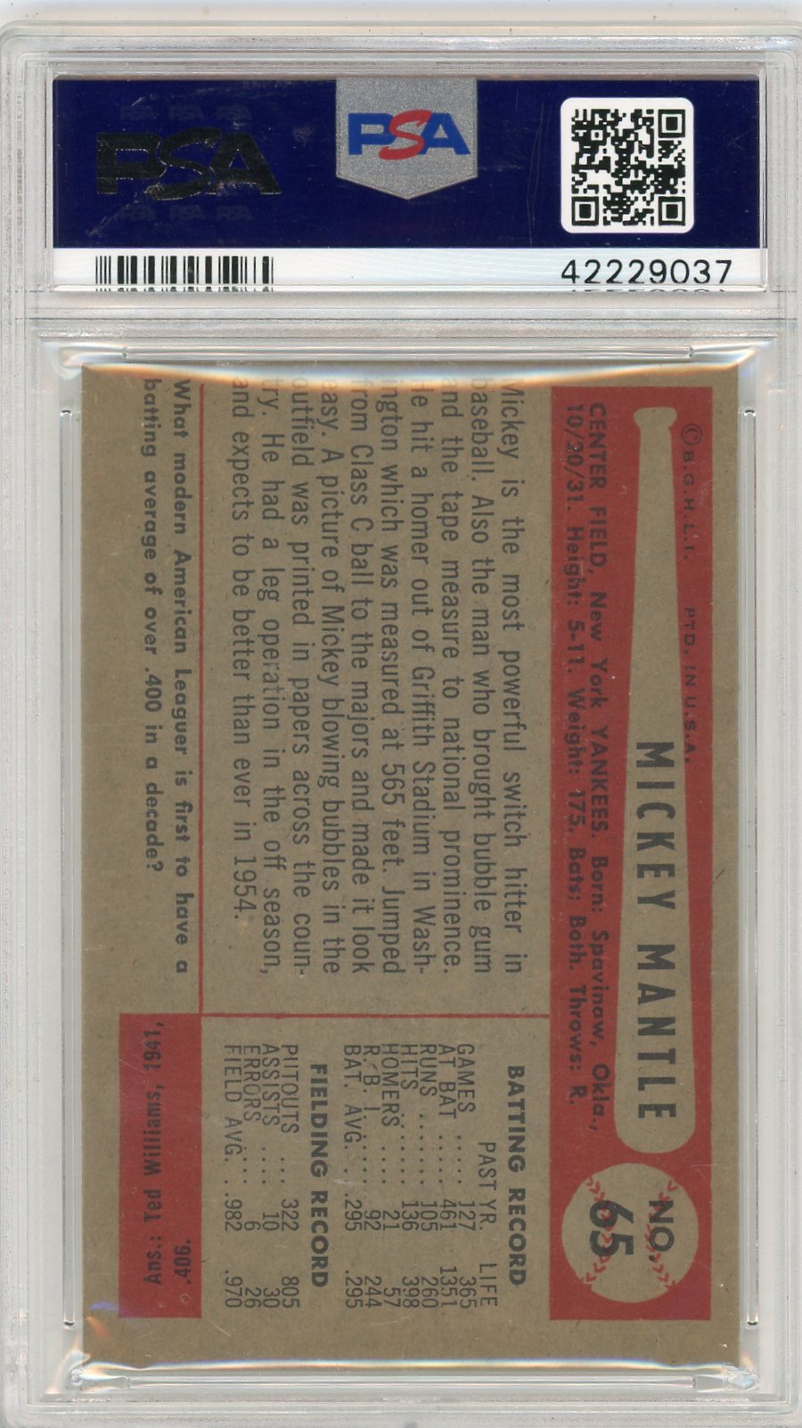 1954 Bowman Mickey Mantle #65 PSA 6