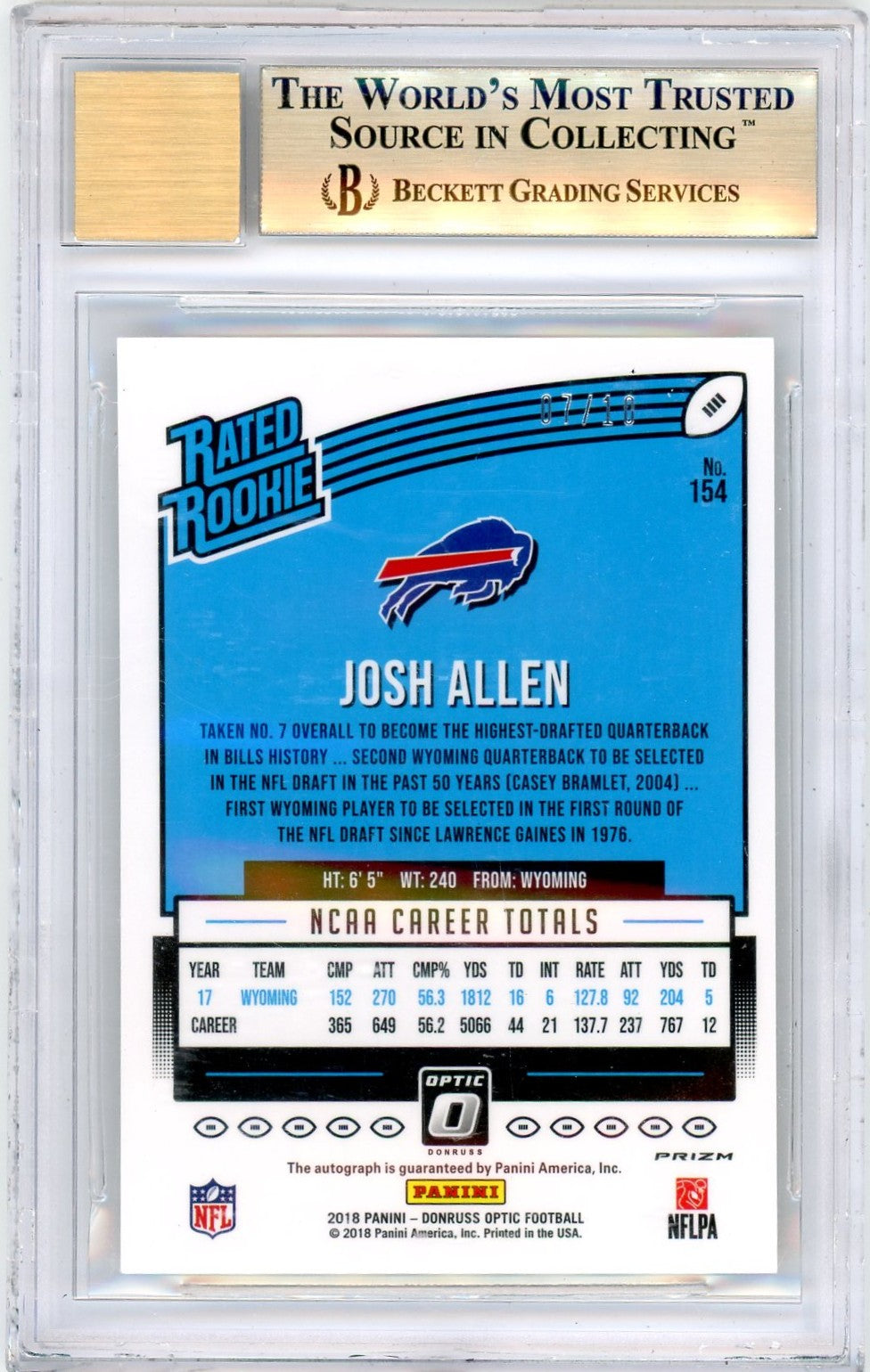2018 Donruss Optic Rated Rookies Autographs Gold Josh Allen #154 BGS 9.5 Auto 10
