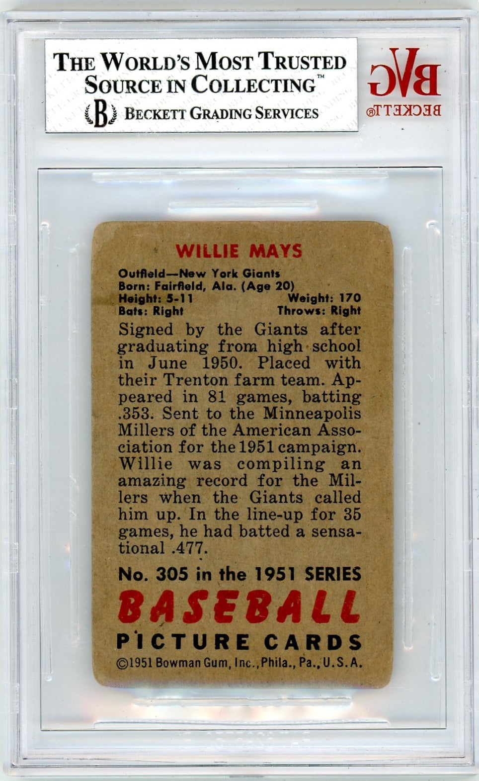 1951 Bowman Willie Mays #305 BVG 2 Rookie