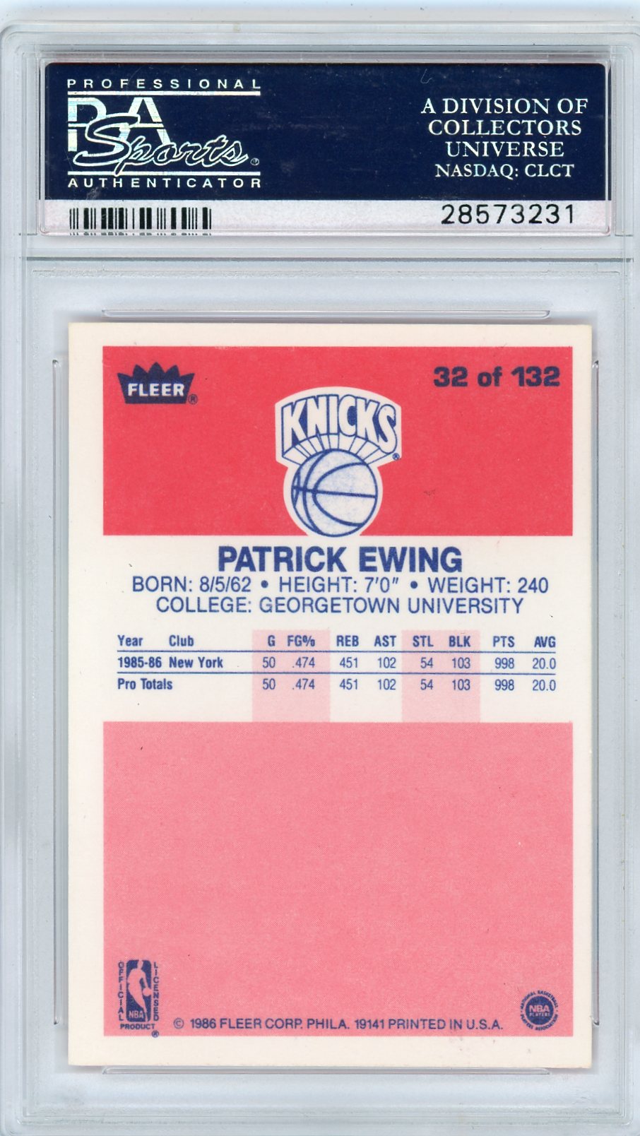 1986 Fleer Patrick Ewing #32 PSA 9