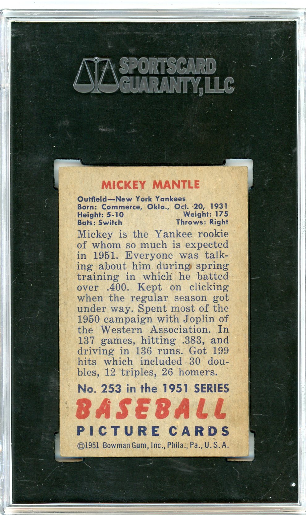 1951 Bowman Mickey Mantle #253 SGC 4.5