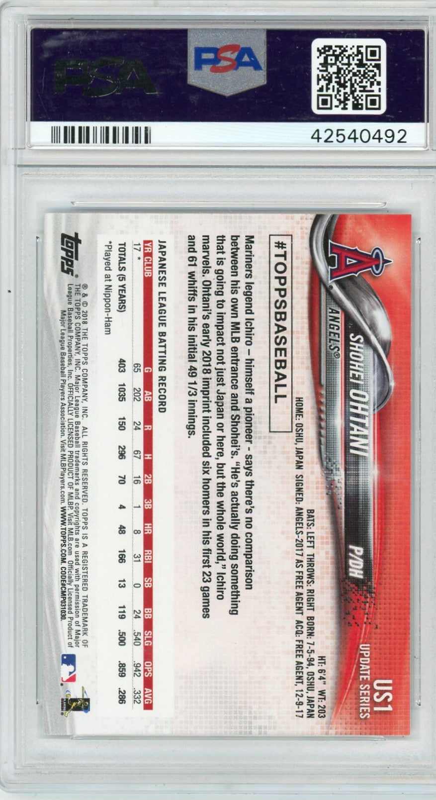 2018 Topps Update Shohei Ohtani #US1 Warm Shirt PSA 9