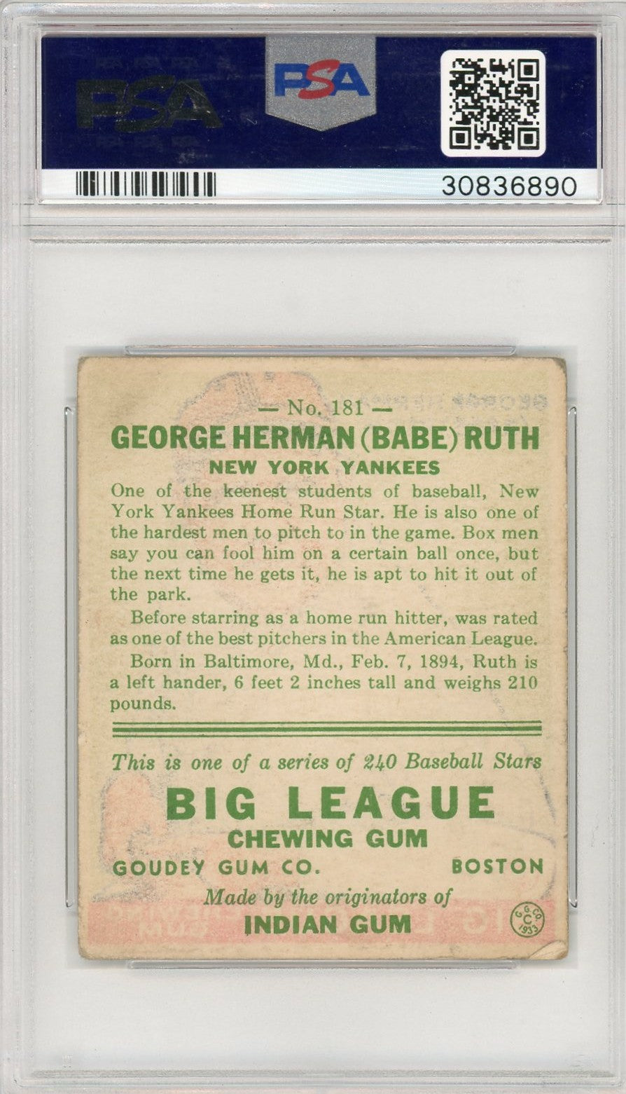 1933 Goudey Babe Ruth #181 PSA 2.5