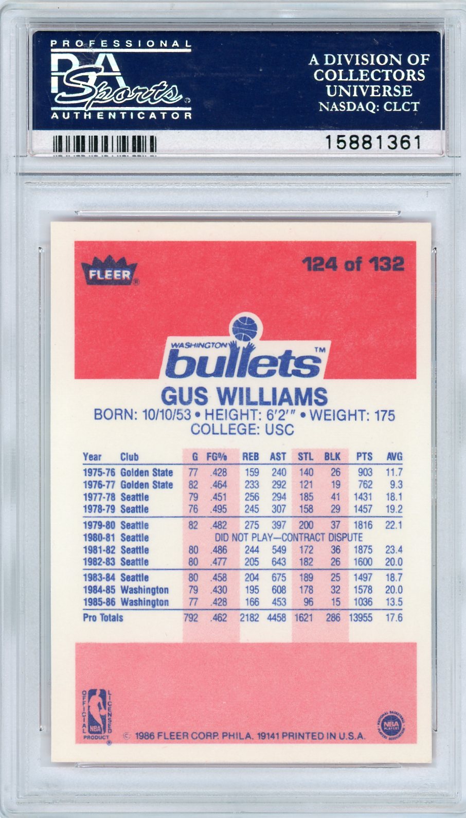 1986 Fleer Gus Williams #124 PSA 10