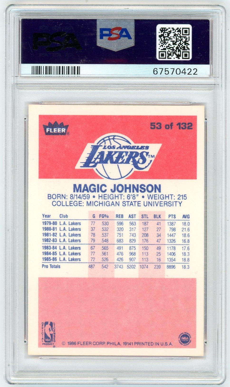 1986 Fleer Magic Johnson #53 PSA 9