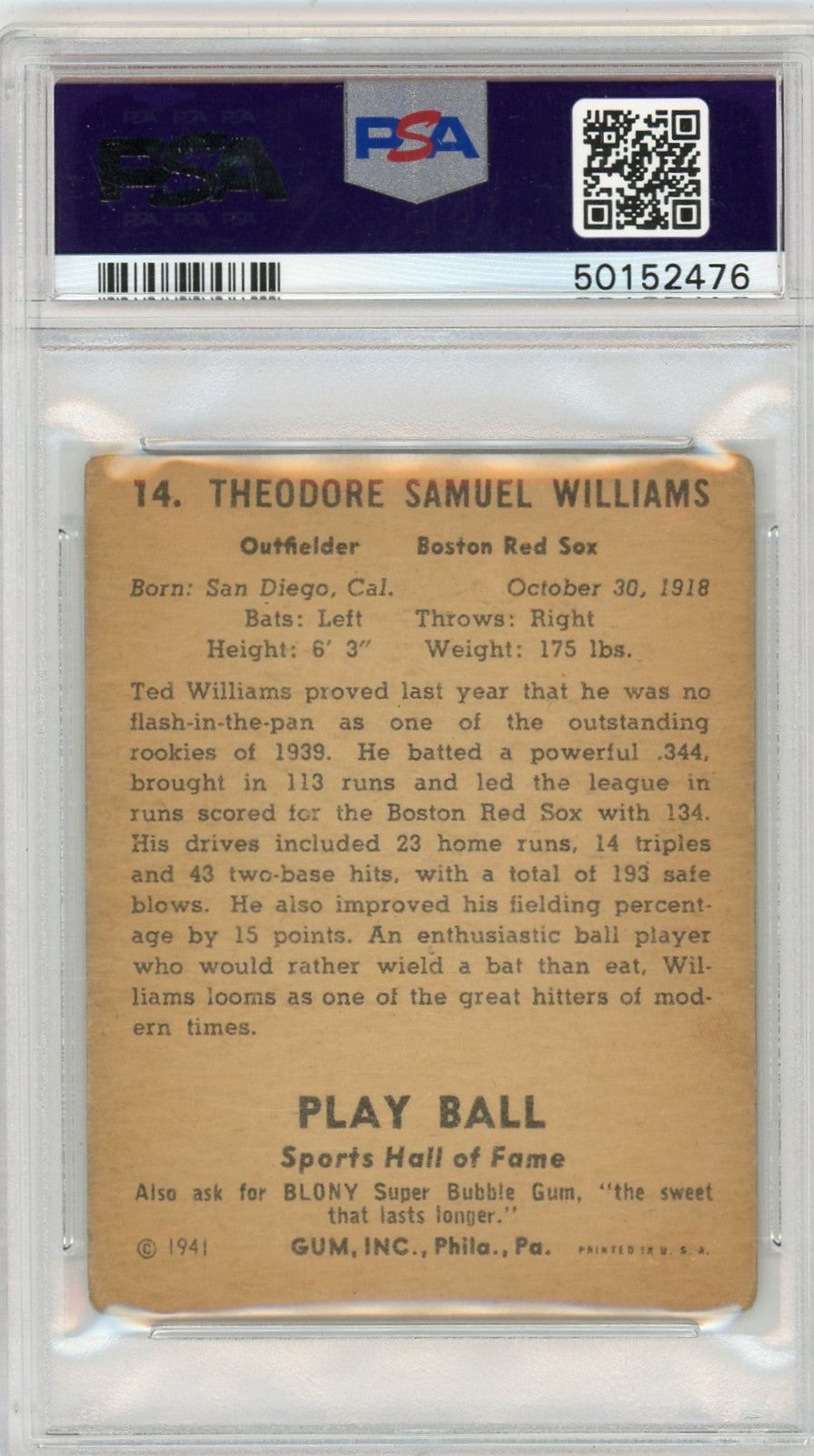 1941 Play Ball Ted Williams #14 PSA 2