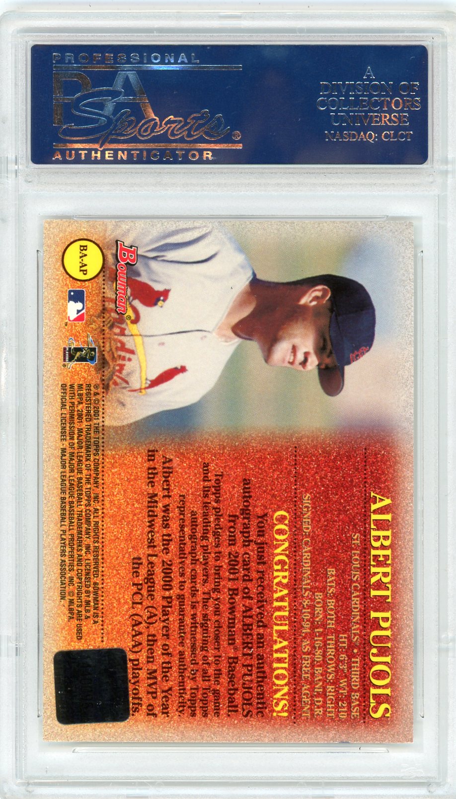 2001 Bowman Certified Autograph Albert Pujols #BA-AP PSA 10