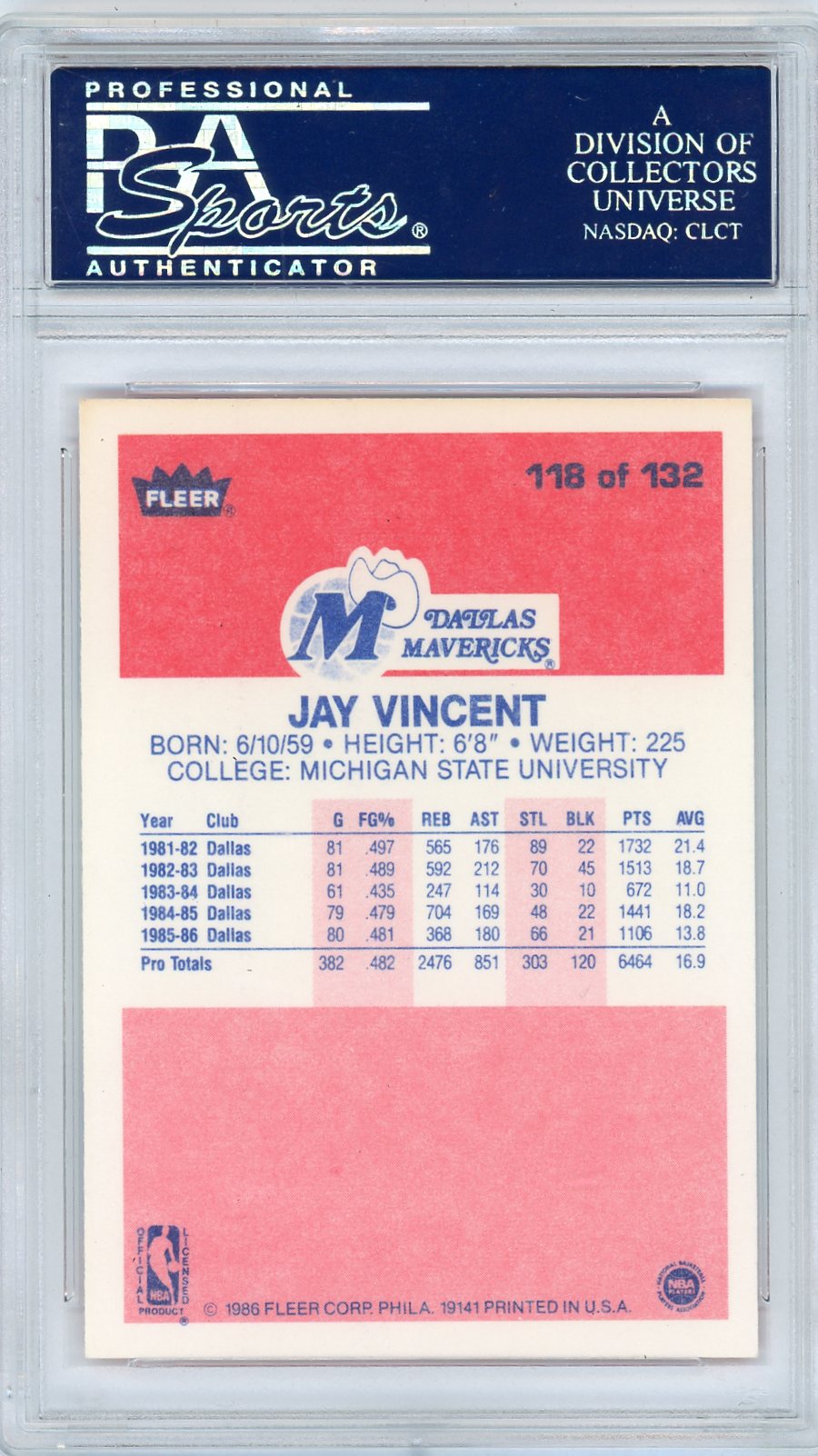 1986 Fleer Jay Vincent #118 PSA 10