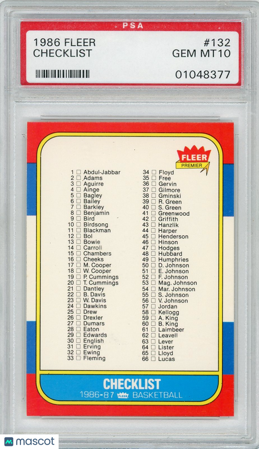 1986 Fleer Checklist 1-132 #132 PSA 10