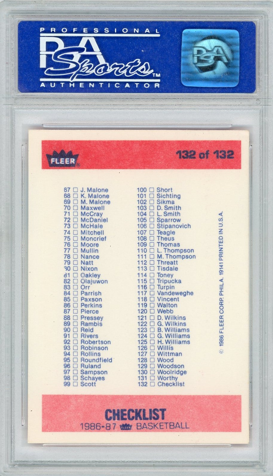 1986 Fleer Checklist 1-132 #132 PSA 10