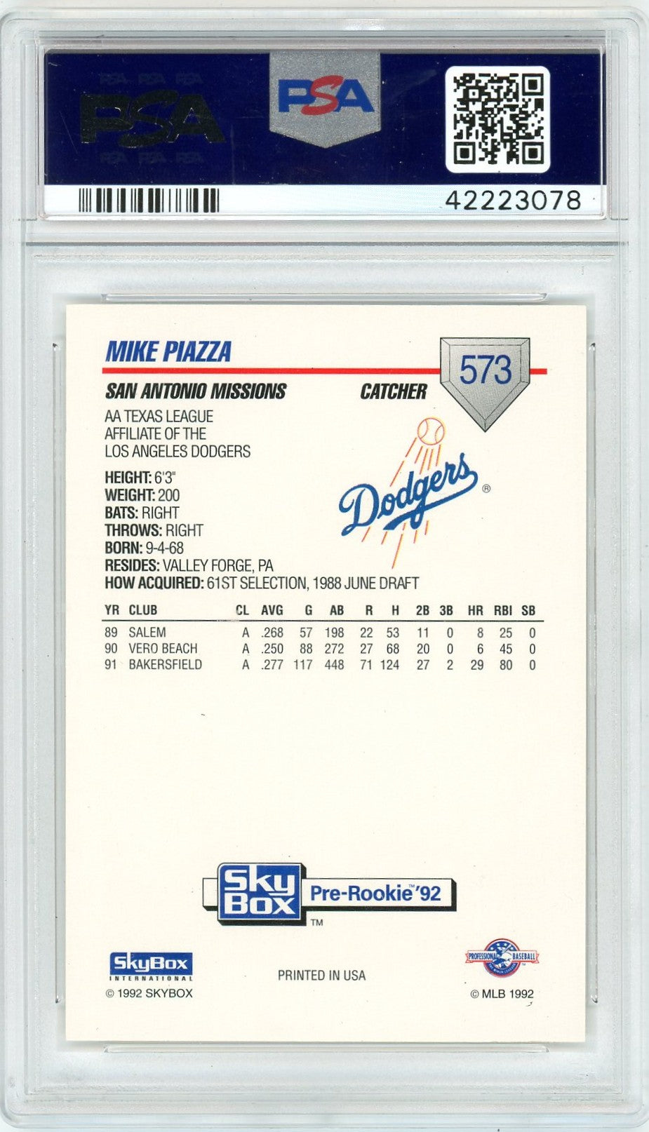 1992 Skybox Aa Mike Piazza #573 San Antonio Missions PSA 10