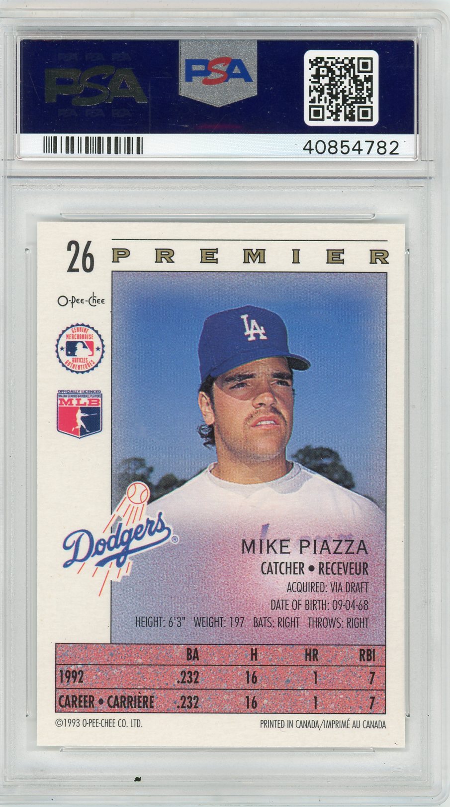 1993 O-Pee-Chee Premier Mike Piazza #26 PSA 10