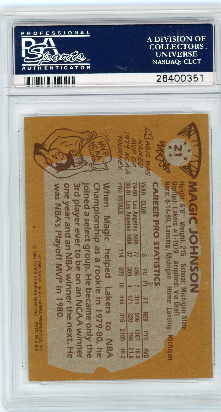 1981 Topps Magic Johnson #21 PSA 9