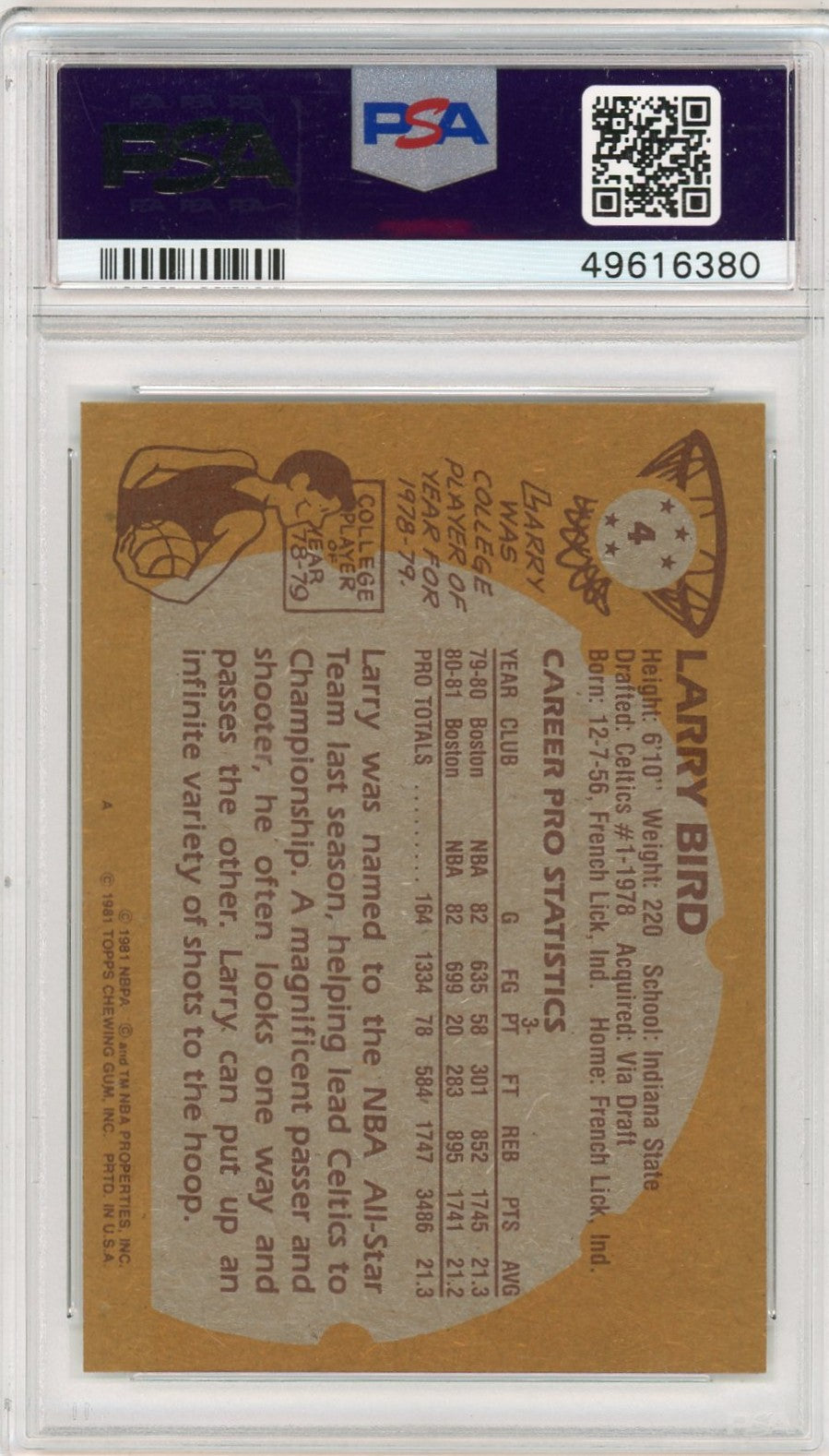 1981 Topps Larry Bird #4 PSA 8