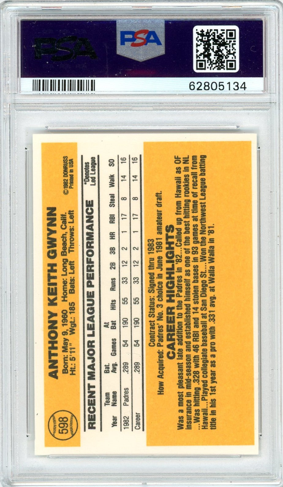 1983 Donruss Tony Gwynn #598 PSA 9