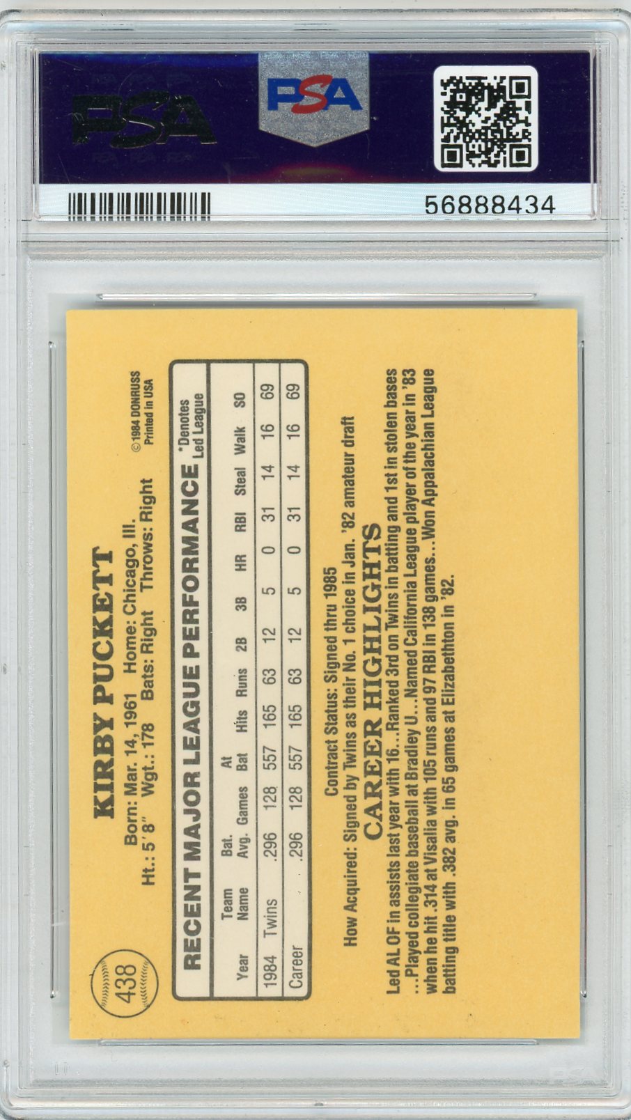 1985 Donruss Kirby Puckett #438 PSA 9
