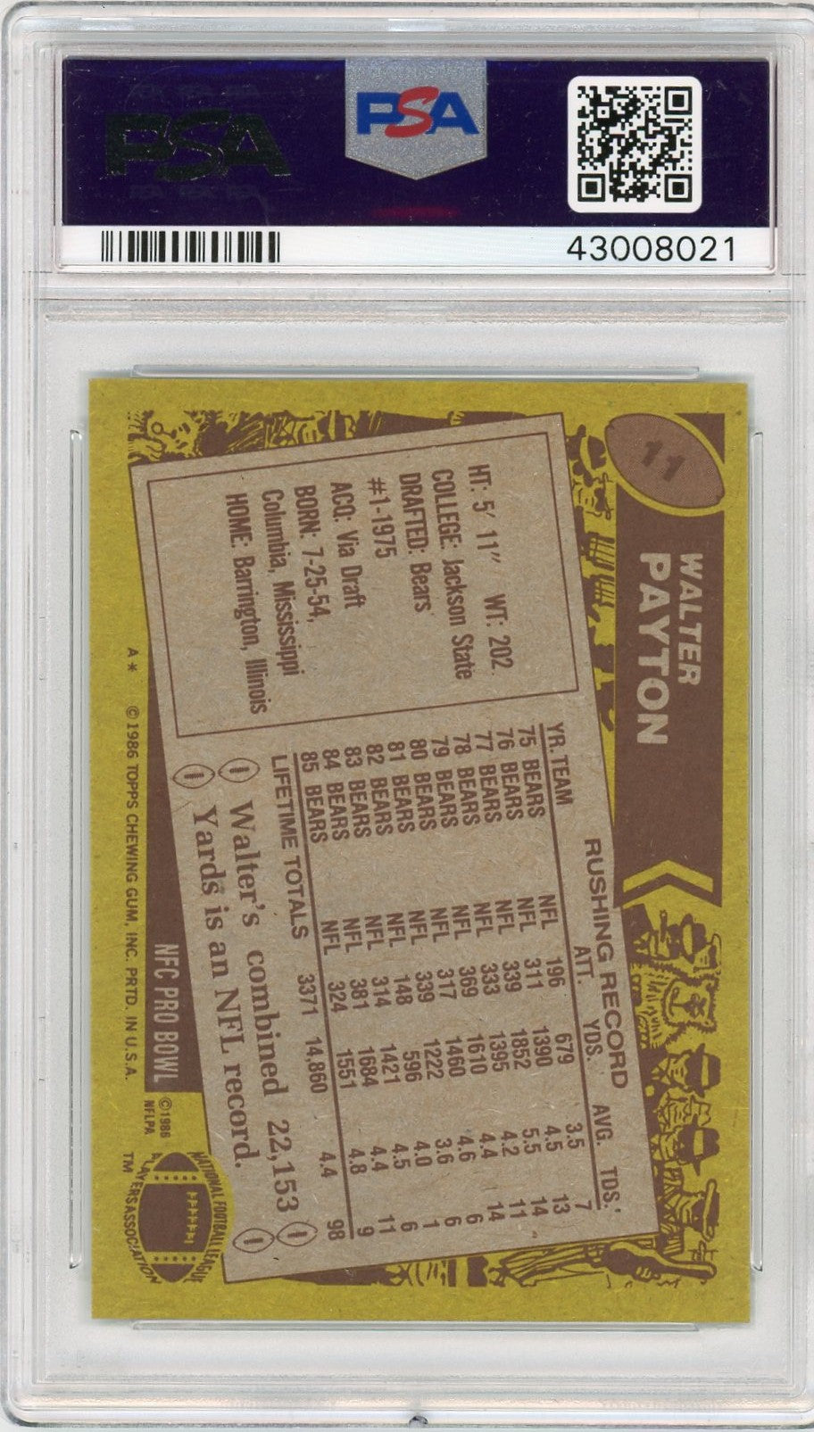 1986 Topps Walter Payton #11 PSA 9