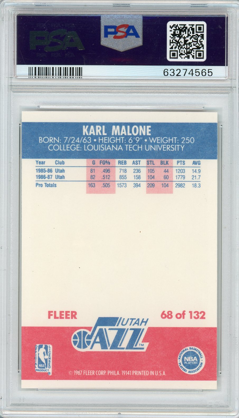 1987 Fleer Karl Malone #68 PSA 9