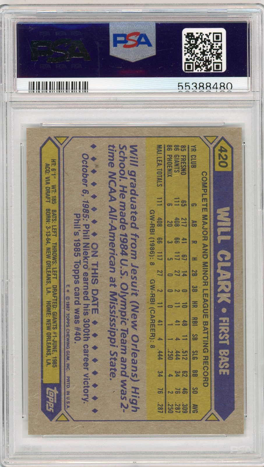 1987 Topps Will Clark #420 PSA 10