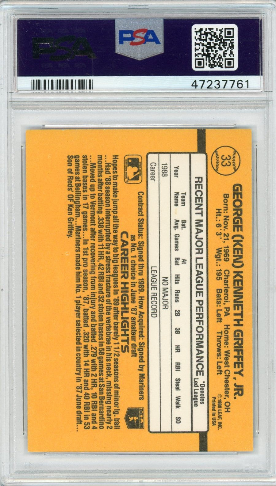 1989 Donruss Ken Griffey JR. #33 PSA 9