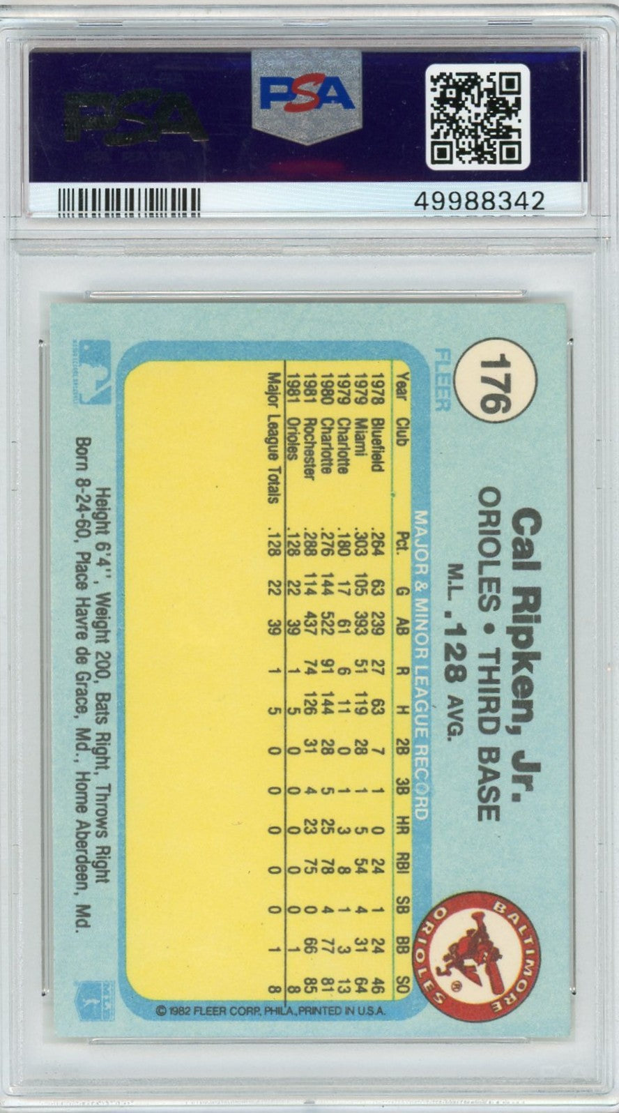 1982 Fleer Cal Ripken JR. #176 PSA 9