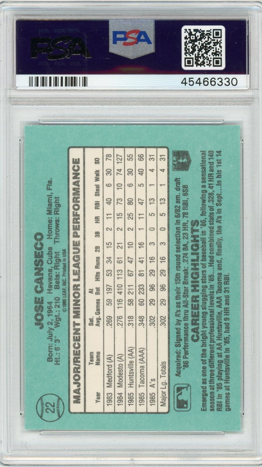 1986 Donruss Rookies Jose Canseco #22 PSA 10