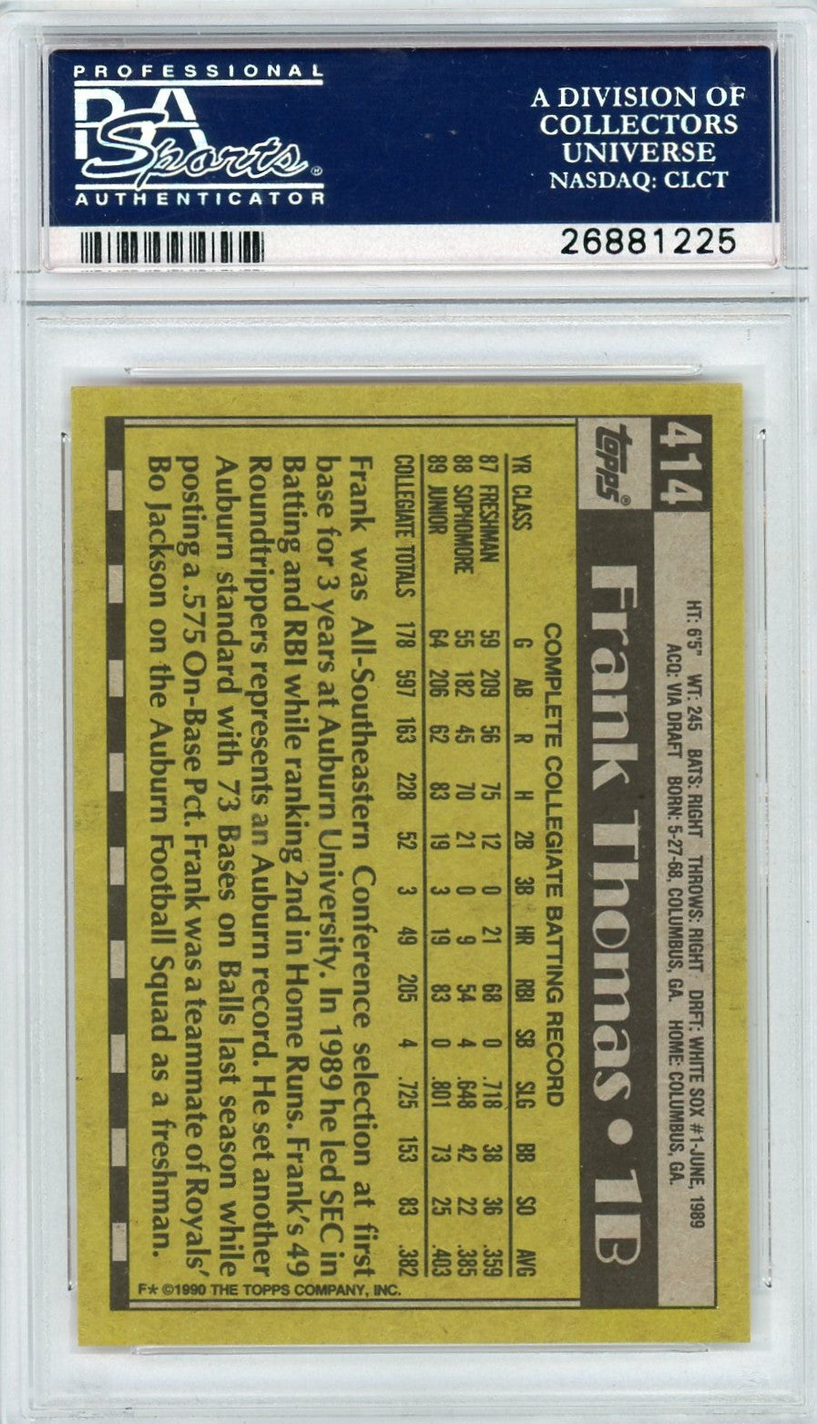1990 Topps Frank Thomas #414 Name On Front PSA 10