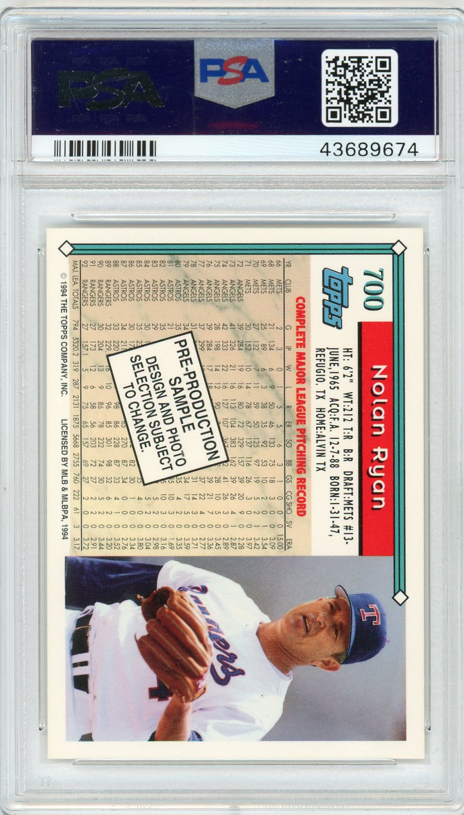 1994 Topps Pre-Production Nolan Ryan #700 Horz. PSA 10