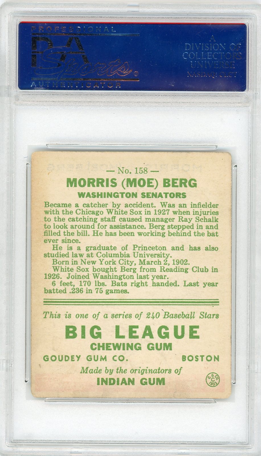 1933 Goudey Moe Berg #158 PSA 3