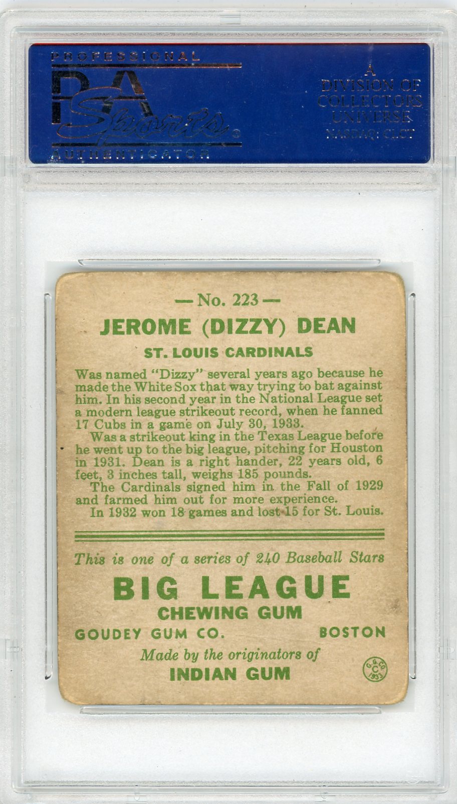 1933 Goudey Dizzy Dean #223 PSA 2