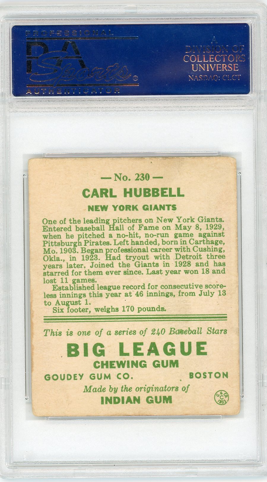 1933 Goudey Carl Hubbell #230 PSA 3