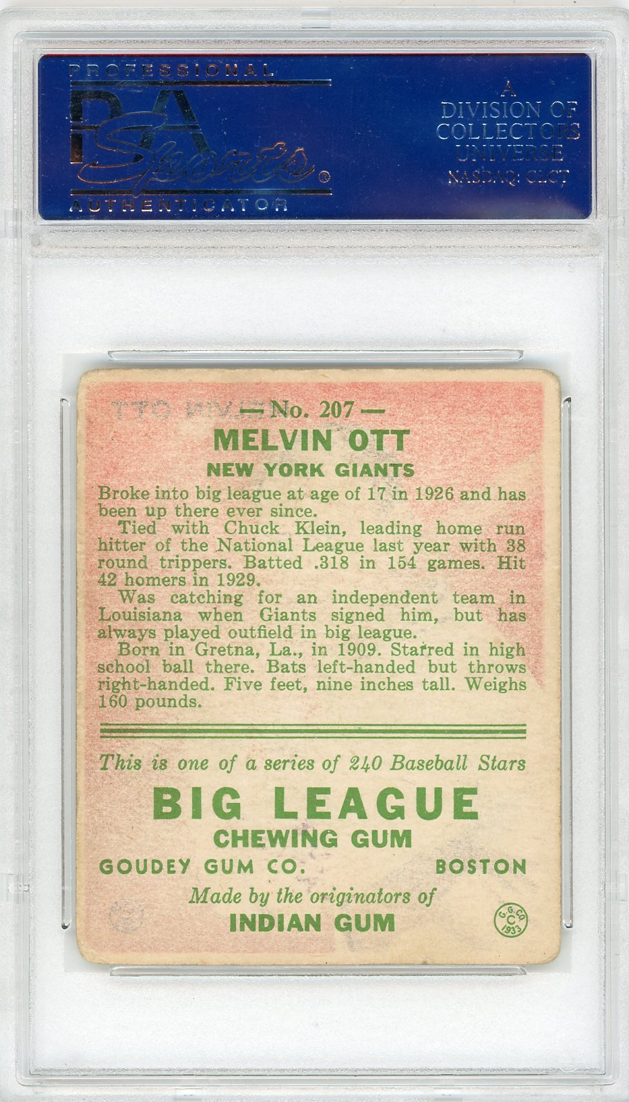 1933 Goudey Mel Ott #207 PSA 2