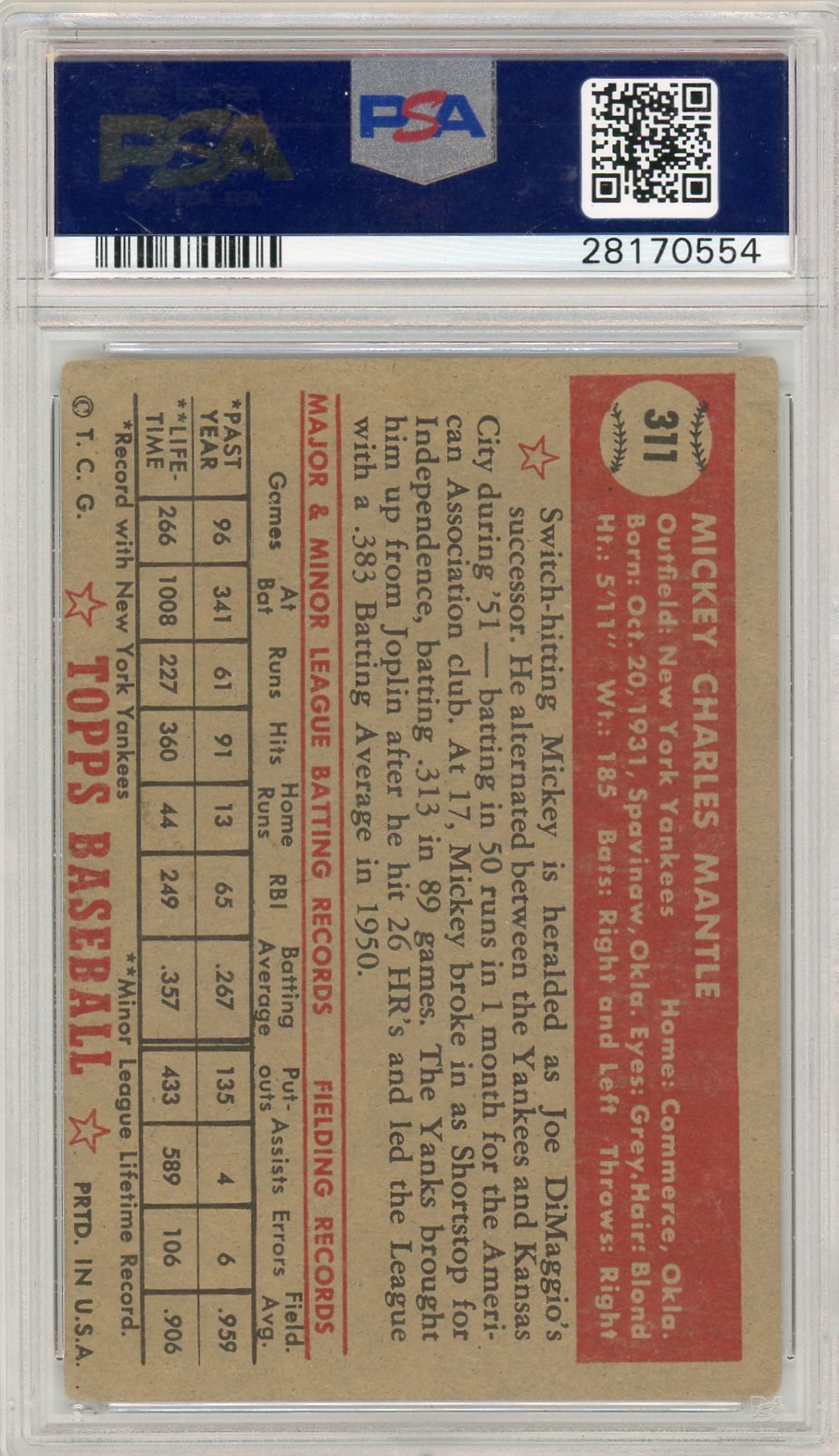 1952 Topps Mickey Mantle #311 PSA 2