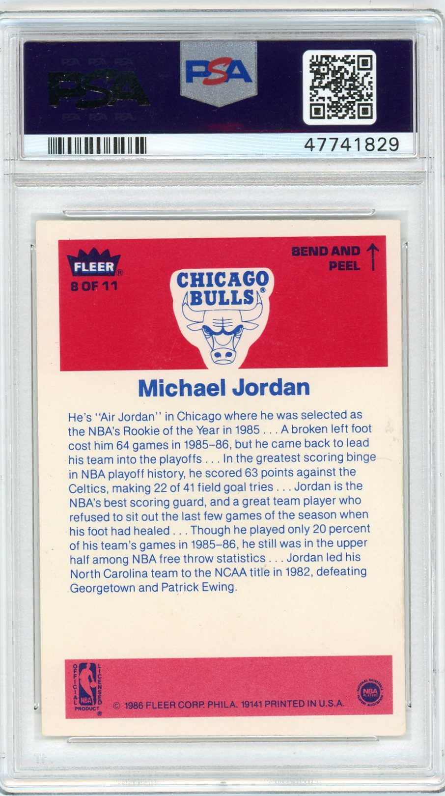 1986 Fleer Sticker Michael Jordan #8 PSA 9