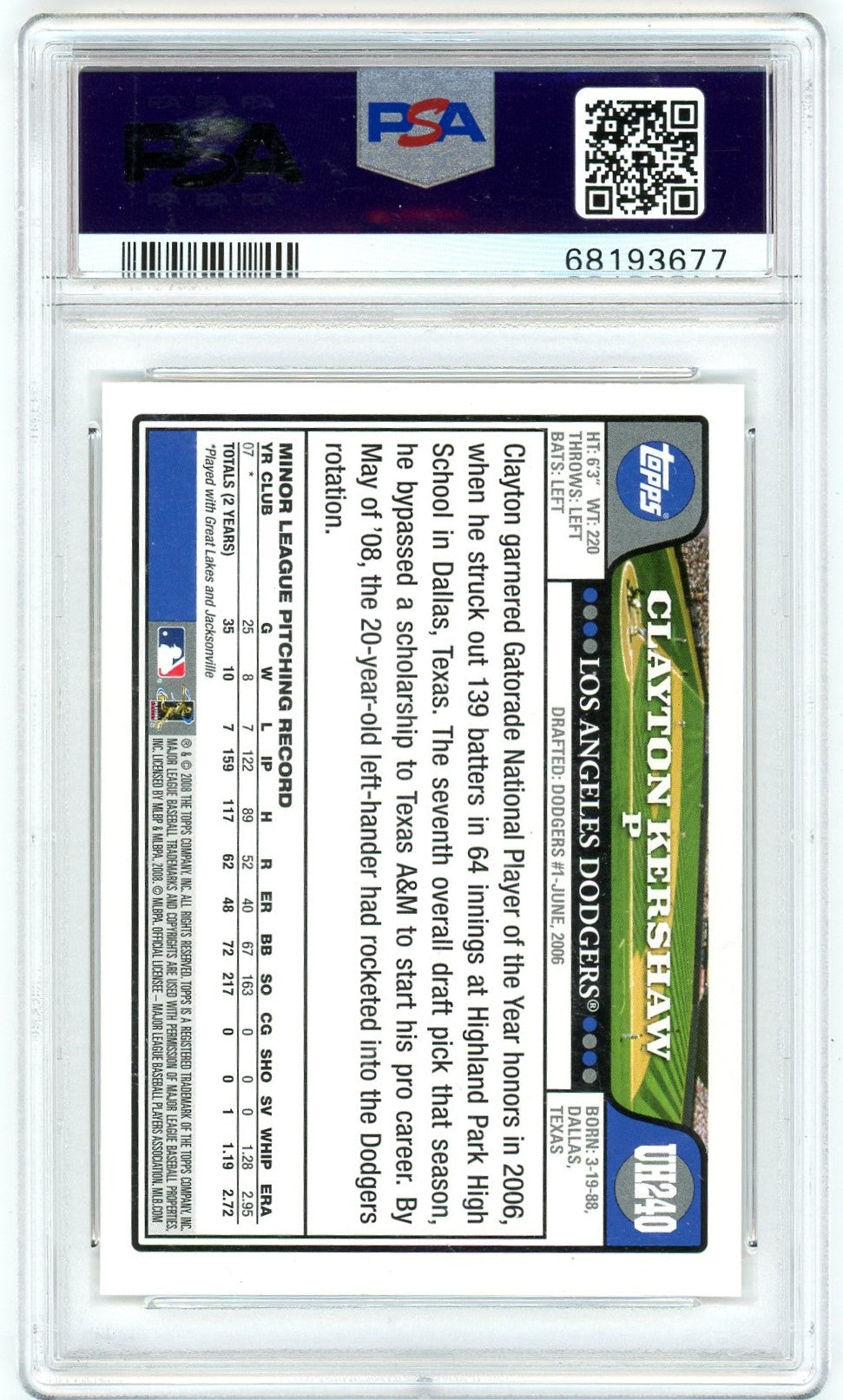 2008 Topps Update & Highlights Clayton Kershaw #UH240 PSA 10
