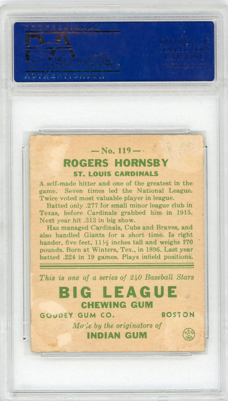1933 Goudey Rogers Hornsby #119 PSA 2