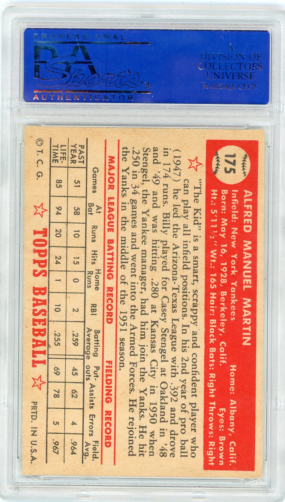 1952 Topps Billy Martin #175 PSA 6
