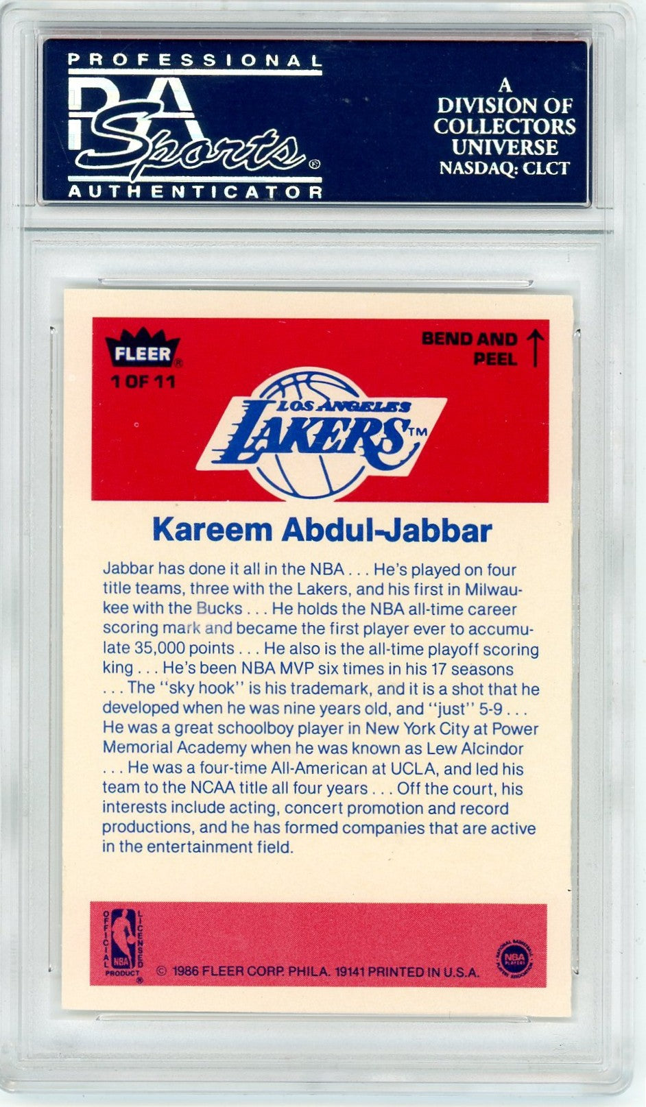 1986 Fleer Sticker K. Abdul-Jabbar #1 PSA 9