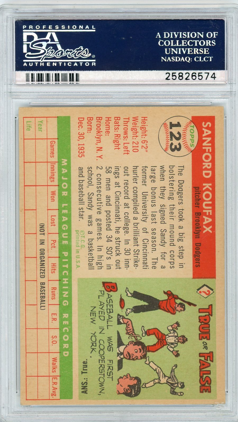 1955 Topps Sandy Koufax #123 PSA 7