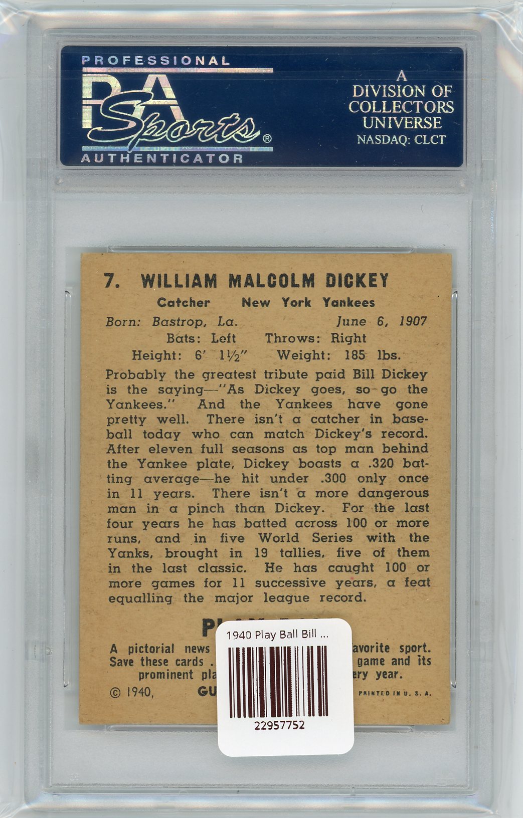 1940 Play Ball Bill Dickey #7 PSA 6