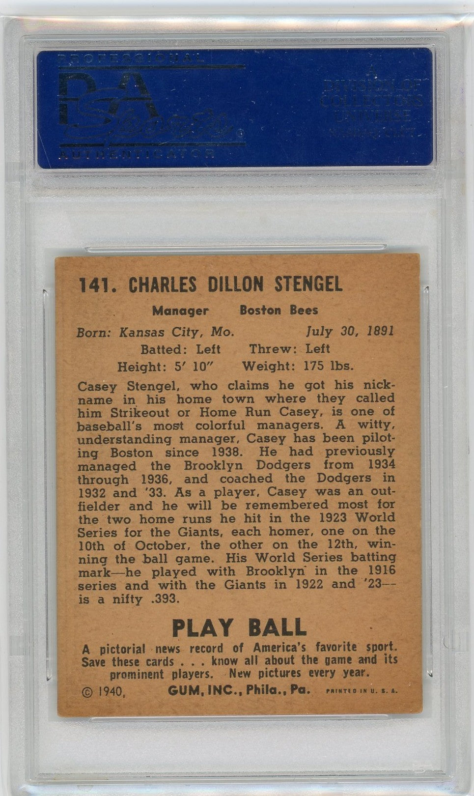 1940 Play Ball Casey Stengel #141 PSA 5