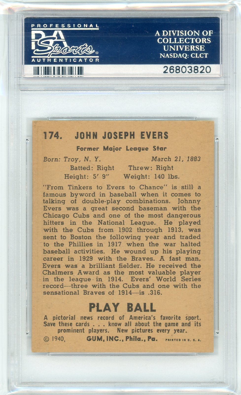 1940 Play Ball Johnny Evers #174 PSA 7